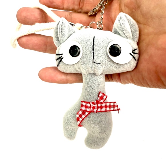 Cute Gray Cat Plush Keychain with Red Gingham Bow - Picture 8 of 9